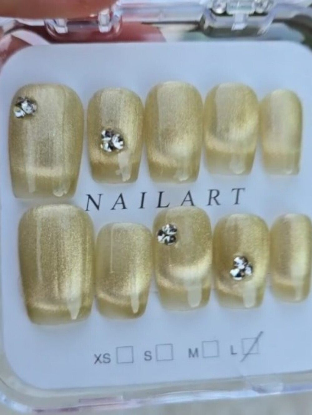 Handmade press on nails gold cat eye french Square short rhinestone large